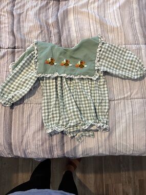Green Gingham Baby One-Piece with Embroidered Turkeys